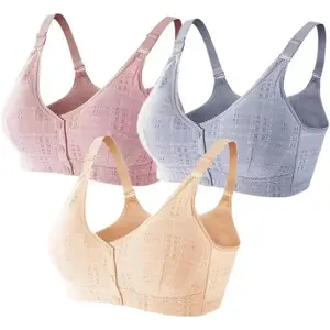 Women's Pure Cotton Easy Front Snap Sports Padded Bra Wireless Post-Surgery Active Yoga Sleep Adjustable Bras