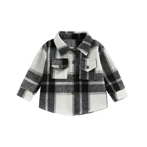 Toddler Boys Girls Plaid Shirt Button Down Long Sleeve Jacket Lapel Shacket Coat Tops Casual Outwear