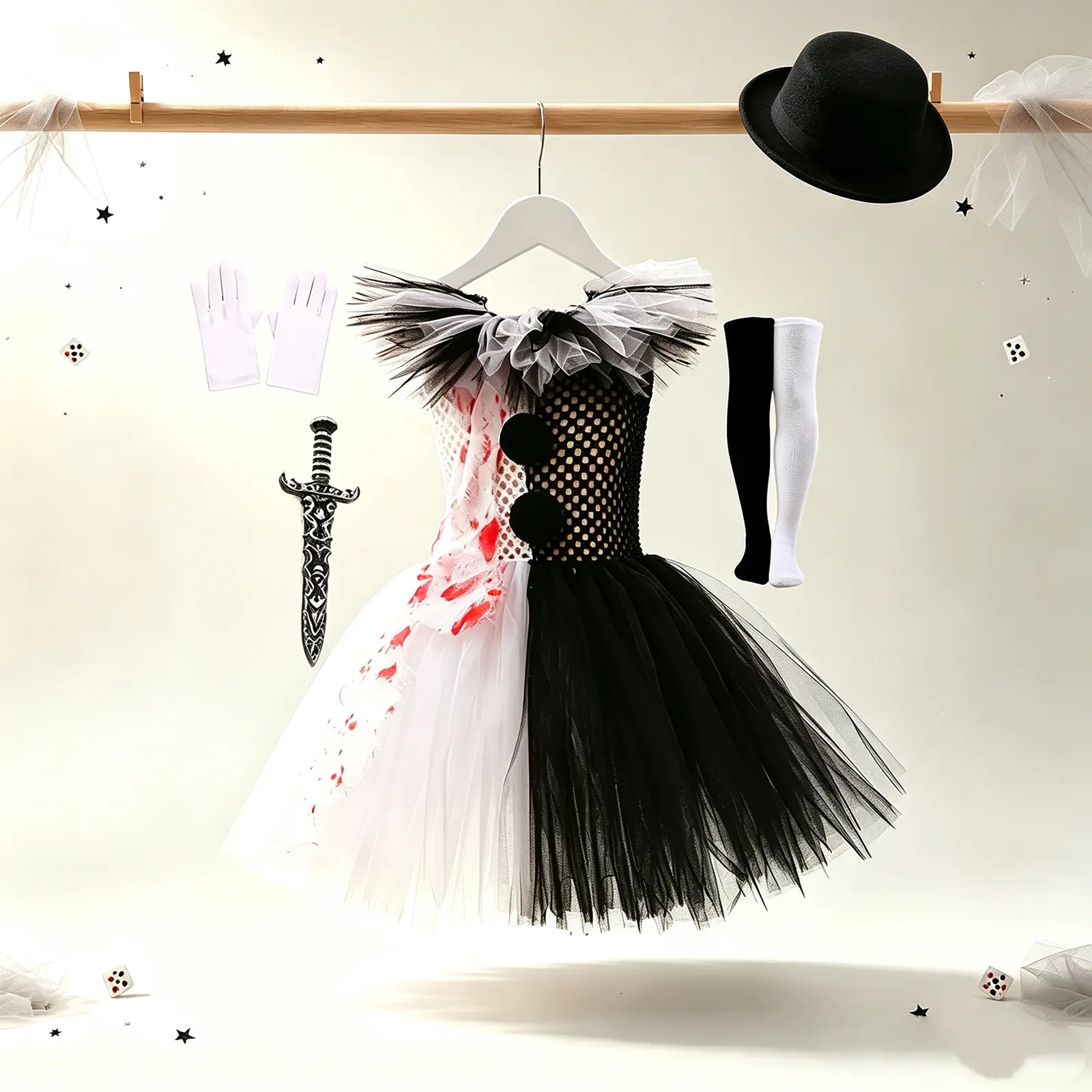 Toddler Clown Costume Set Girls Tulle Dress Knife Socks Gloves Hairpin Sets for Halloween Party Cosplay