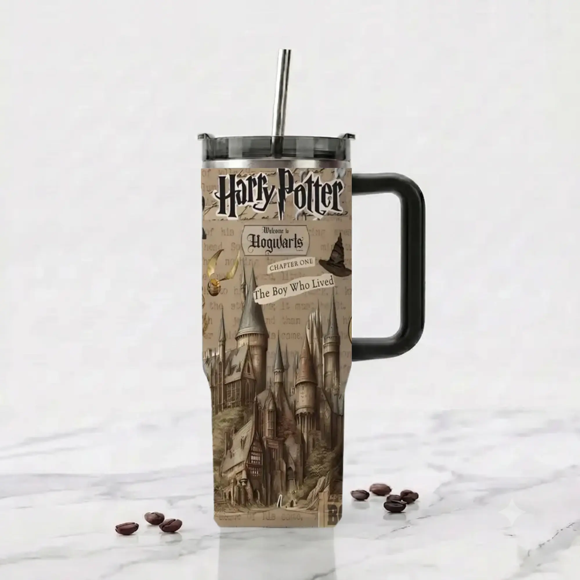 [Back to School] Warner Bros. Harry Potter Vintage Chapter Hogwarts Flip Straw Tumbler 40oz Stainless Steel Vacuum Mug, Leakproof Travel Cup, Antique Book Page Castle Print, Wizard Fan Gift