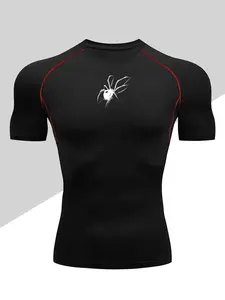 High Elastic Fitness Short Sleeve, Spider Print, Muscle Compression Fit, Quick Dry Men's Sports T-Shirt, Summer Gym Wear, Breathable Fabric, Workout Rash Guard