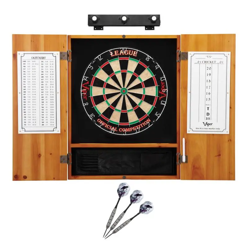 Viper League Fiber Sisal Dartboard Set with Metropolitan Oak Wood Cabinet, Underground The Raven Brass Steel-Tip Darts & Shadow Buster Dartboard Lights for Game Room Dart Game, Raven Steel Tips, 17.75” Diameter, Bronze Hinges, Dry Erase Scoreboard