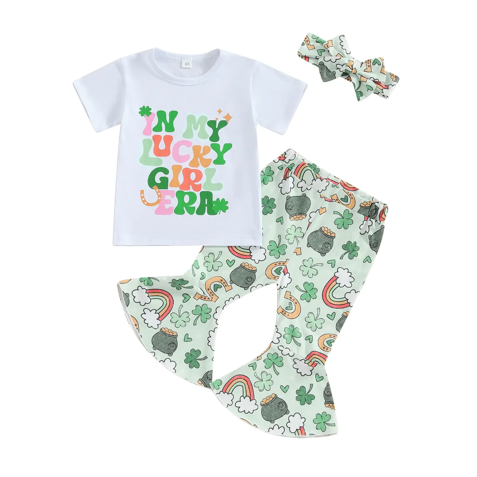 Canrulo Baby Girl St Patricks Day Outfit Short Sleeve T Shirt Irish Shamrock Flared Pants Sets Toddler Clothes