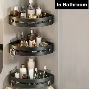 3pc triangular bathroom wall mounted storage corner rack, shower basket, multifunctional non perforated shampoo and shower gel rack, bathroom miscellaneous rack, cosmetics storage rack, bathroom supplies, Bathroom Organizer Supplies