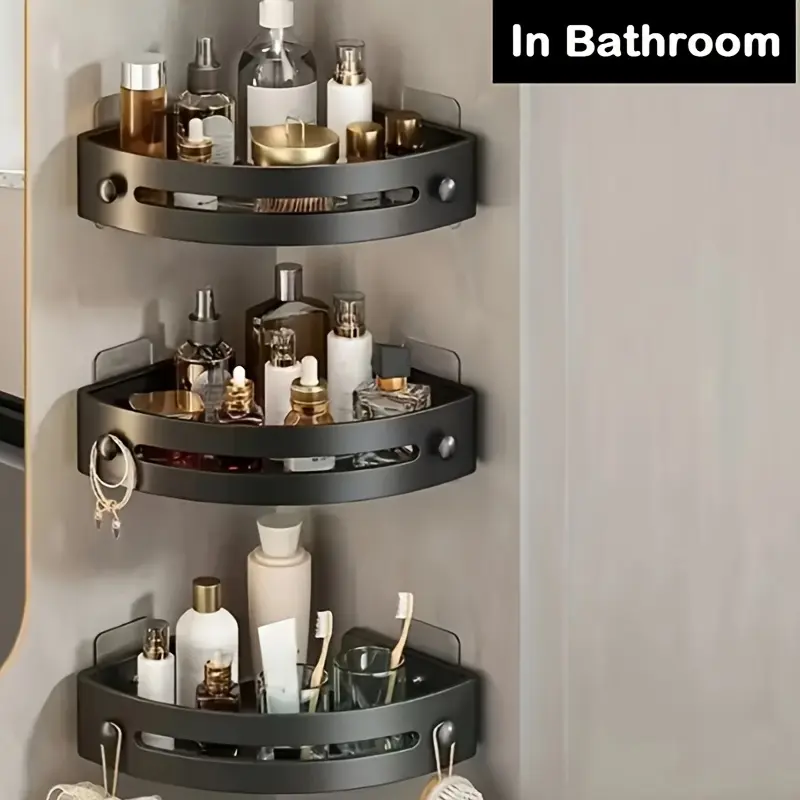3pc triangular bathroom wall mounted storage corner rack, shower basket, multifunctional non perforated shampoo and shower gel rack, Bathroom Organization