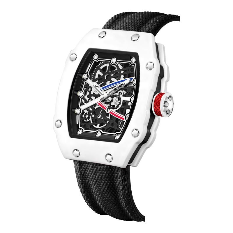 Men's Carbon Fiber Skeleton Tonneau Watch, Red Nylon Strap, Sporty Quartz Wristwatch