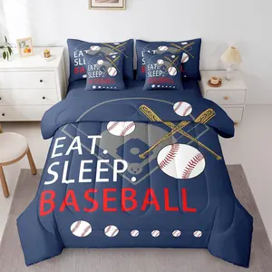 Baseball 7 Piece Bedding Set,Boys Softball Comforter Set with Sheets,Navy Blue Bed in a Bag,Ball Games Bed Set