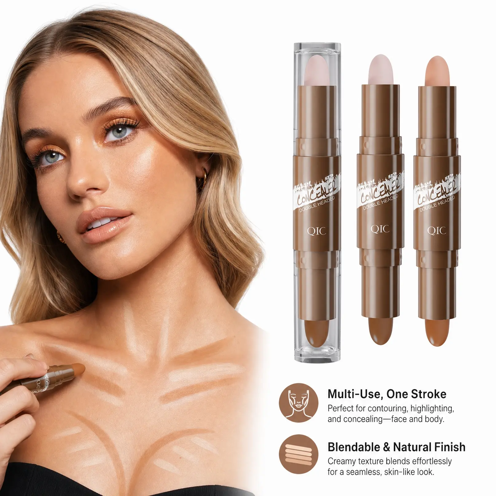 2-in-1 Contour Highlighter Concealer Stick, Dual-End Creamy Face Shading & Brightening Tool, Easy-to-Blend for Sculpted V-Face Natural Makeup
