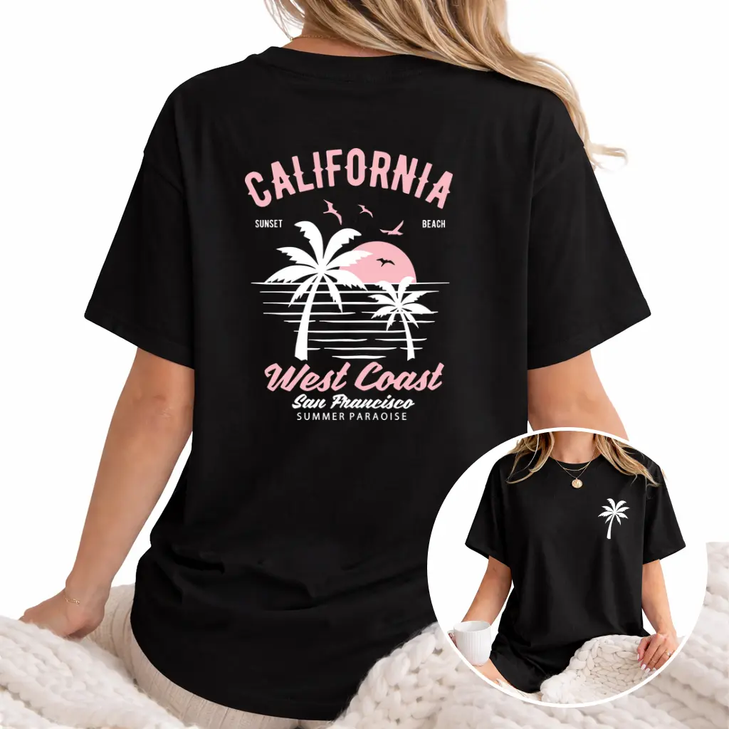Women's Cotton California Graphic Garment - Unisex Loose-Fit Vintage Shortsleeve Round Neck Surf Beach Top with Palm Trees, Funny Print, Stitch Detail, Foldable Summer Casual Machine-Washable T-Shirt