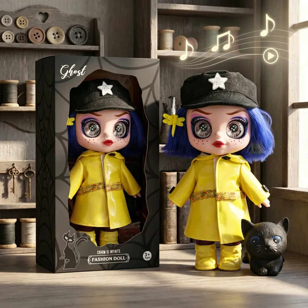 10 Inch Fan‑Inspired Coraline Fashion Doll with Music, Removable Yellow Raincoat Outfit, Black Cat Accessory, Collectible Figure Toy, Holiday Birthday Gift for Fans & Kids