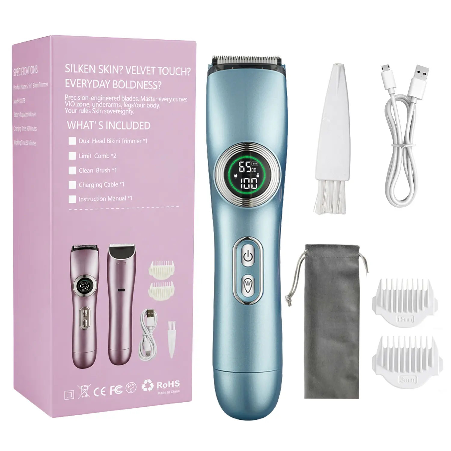 2-In-1 Women Electric Bikini Trimmer, Waterproof Rechargeable Body Hair Shaver with LED Screen, Portable Travel Pubic Hair Groomer
