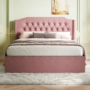 [Bellemave]Queen Size Tufted Upholstered Bed Frame with Crystal Button Accents, Bed Frame with Wingback Headboard and Under-Bed Storage Space, No Box Spring Needed,Pink