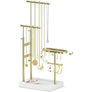 Modern Jewelry Stand with 3 Metal Rods & Rotating Earring Holder Tangle-Free Design Height Adjustable & Rotatable for Necklaces Bracelets & Earrings White & Gold