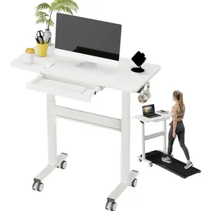Standing Desk for Walking Pad with Wheels, Pneumatic Cordless Height Adjustable Rolling Desk, Mobile  Workstation with Drawer Hook Locking Casters for Treadmill &  Office, White