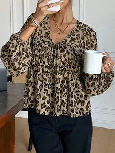 Women's Front Tie Long Sleeve Leopard Print Casual Shirt,Babydoll Lace-Up Blouse, Top, Twisted Texture,Fitted,Suitable For Spring, Summer And Autumn Winter Cheetah, Casual Fashion Chic