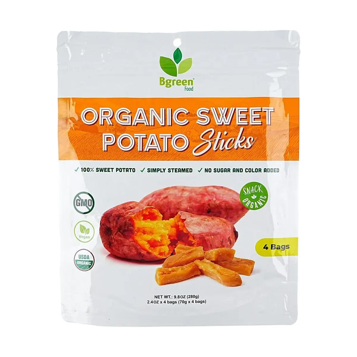 BIG GREEN Organic Sweet Potato Chips - 4 Pack, 280g | Healthy 0 Sugar, 0 Additives, USDA Certified Snack