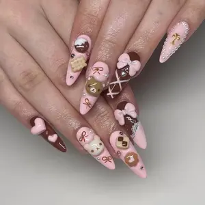 AURA NAILS \ Chocolate Bear Press On Nails  Pink & Brown Candy-Themed Fake Nails  Sweet Teddy Bear Nail Art  Dessert Lovers False Nails  DB134Y3