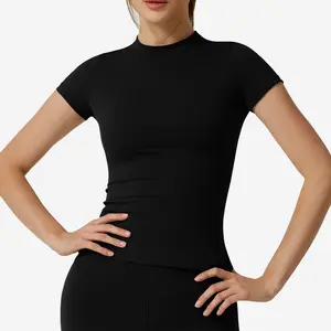 Women's Brushed Short-Sleeve Yoga T-Shirt - Slim-Fit Waist-Defining Quick-Drying Breathable Top for Running Training and Fitness