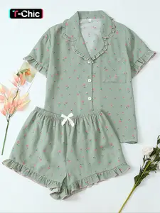 Women's Floral Print Pocket Shirt & Shorts Pyjama Two-piece Set, Casual Comfy Short Sleeve Collared Top & Shorts PJ Set, Ladies Summer Sleepwear Pajamas