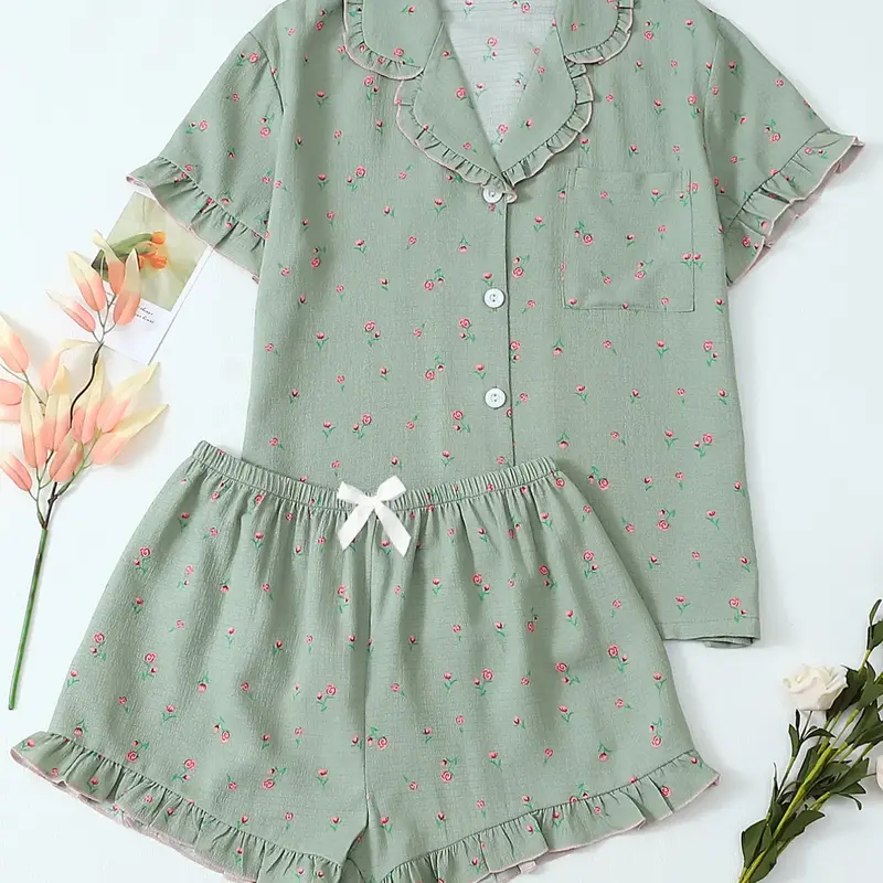 Women's Floral Print Pocket Shirt & Shorts Pyjama Two-piece Set, Casual Comfy Short Sleeve Collared Top & Shorts PJ Set, Ladies Summer Sleepwear, Nightwear Set, Pajama Loungewear