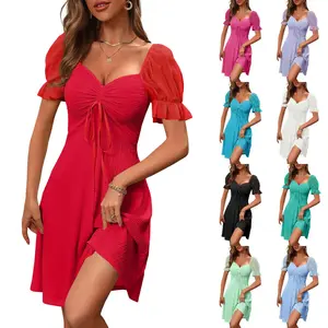 FMEYOA Womens Summer Sweet Short Puff Sleeve Cute Mini Dress Cozy Drawstring Sweetheart Neck Casual Slim Flowy Sundress