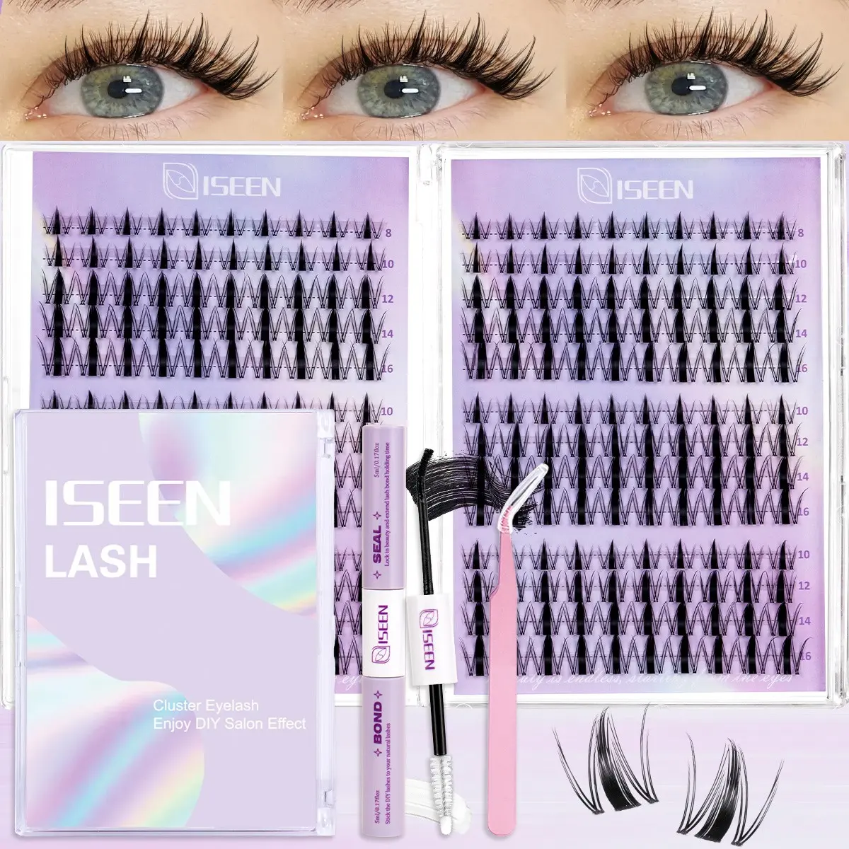Lash Clusters Kit Manga Lash Individuals Lash Extension Kit 8-18mm Volume Cluster Eyelashes Diy False Eyelashes Diy Makeup Lashes Wispy C-Curly DIY Cluster Eyelash Extensions Kit with Bond&Seal&Eyelash Tweezers Eyelash Extensions Set