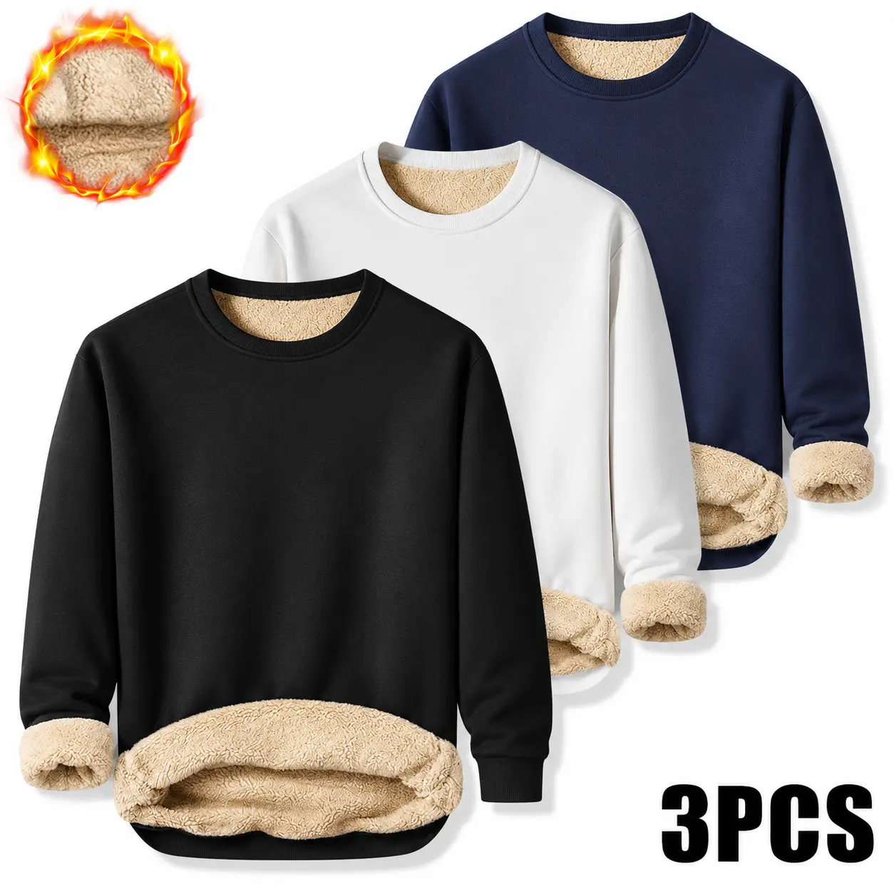 3-Pack,Men's Fleece-Lined Warm Pullover Sweatshirt , LongSleeve, Round Neck for Fall/Winter Comfort, FleeceSweatshirt