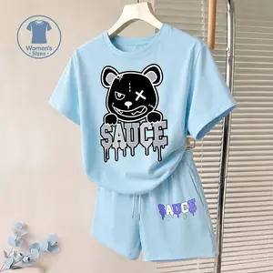 Women's Ink-Splashed Bear Graphic Short Sleeve T-Shirt And Shorts Set, Casual Summer Two-Piece Outfit With Crew Neck Top And Drawstring Waist Shorts For Daily Wear