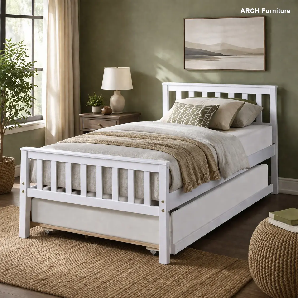 Minimalist Platform Twin Size Bed with Trundle, Pine Wood Bed Frame with Headboard and Footboard, No Box Spring Needed, Includes Manual, for Small Bedrooms, Minimalist Platform Bed