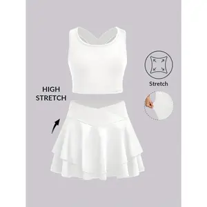 Casual and stylish slim-fit round-neck cross-strap tank top and skirt set, suitable for tennis, volleyball, badminton, running, and other sports activities, perfect as a birthday gift or holiday present, for teenagers aged 7-14, fitness wear, sporty style