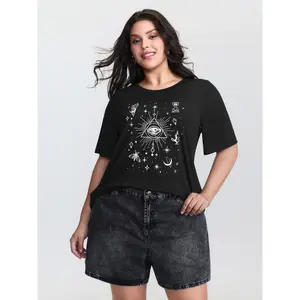 BloomChic Women's Plus Size Short-Sleeve T-Shirt [M-6X] - Celestial Print, Round Neck, Spandex Fabric Streetwear Garment for 2026 Summer Vibes Swimweek