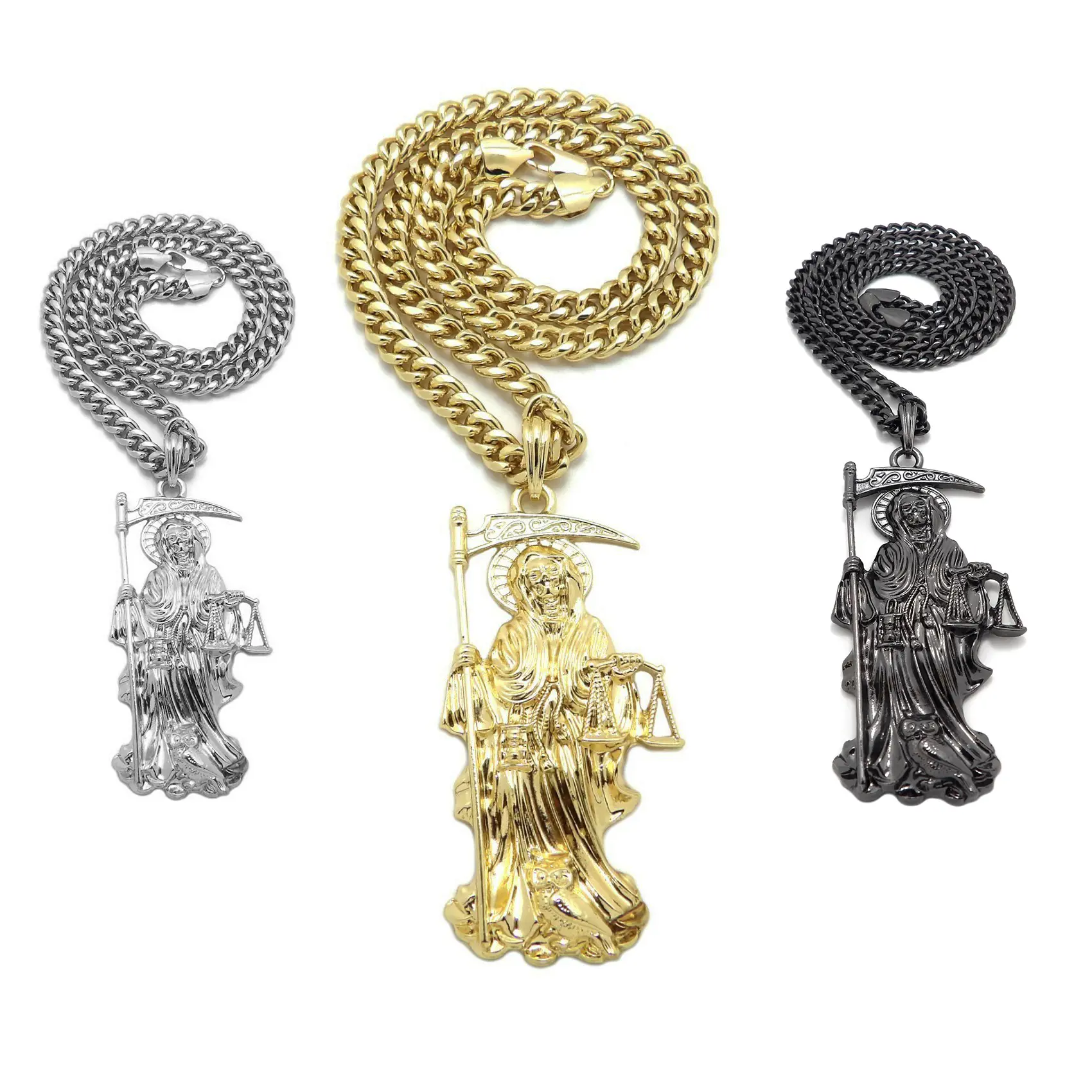 MaxBling81 Unisex Hip Hop Santa Muerte Saint Death Charm Pendant Chain Link Necklace, 6mm Black Cuban Chain, 20in/24in/26in Length, Daily Wear Costume Jewelry, Chain Link Necklaces