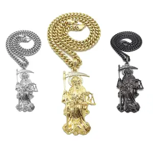 MaxBling81 Unisex Hip Hop Santa Muerte Saint Death Charm Pendant Chain Link Necklace, 6mm Black Cuban Chain, 20in/24in/26in Length, Daily Wear Costume Jewelry, Chain Link Necklaces