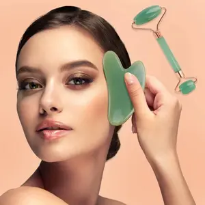 Guasha Facial Body Skincare Anti Wrinkle Massager Tool, Comfortable Face Derma Roller Scraping Gua Sha Jade Stone Board 2PCS