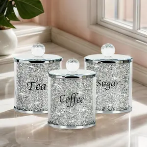 Coffee Sugar Tea Crystal Canister Set of 3,Sparkly Crystal Crushed Diamonds Home Decor,Silver Glass Jar Storage Set,Kitchen Canisters for Countertop