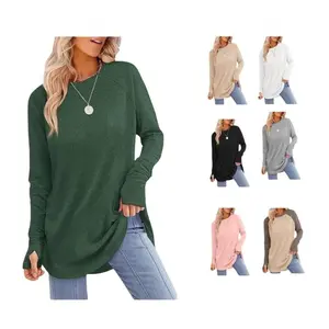 Women's Raglan Sleeve Long Sleeve Top with Thumb Hole | Soft Cotton Blend Stretchy Fitted Shirt | Hip-Length Curved Hem Casual Basic Top | Black Oatmeal Cream Multi-Color
