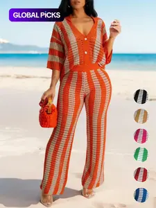 Women's Color-Block Striped Cutout Button-Front Top & Wide-Leg Pants Two-Piece Set, Casual Drop-Shoulder Collared Top & High-Waist Pants for Spring and Summer, Beach Vacation 2-Piece Outfit for Women, Womenswear