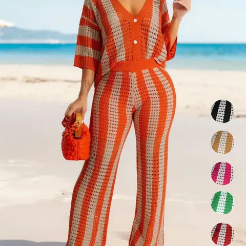Women's Color-Block Striped Cutout Button-Front Top & Wide-Leg Pants Two-Piece Set, Relaxed Lounge Set, Casual Drop-Shoulder Collared Top & High-Waist Pants for Spring and Summer, Beach Vacation 2-Piece Outfit for Women, Knitted Set Clothes, Womenswear