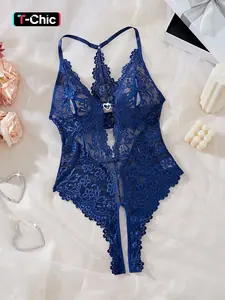 Women's Sexy Transparent Mesh Teddy Bodysuit, Floral & Quartz Design, Deep V-Neck Backless Style, Perfect for Nightwear & Daily Wear, Fit