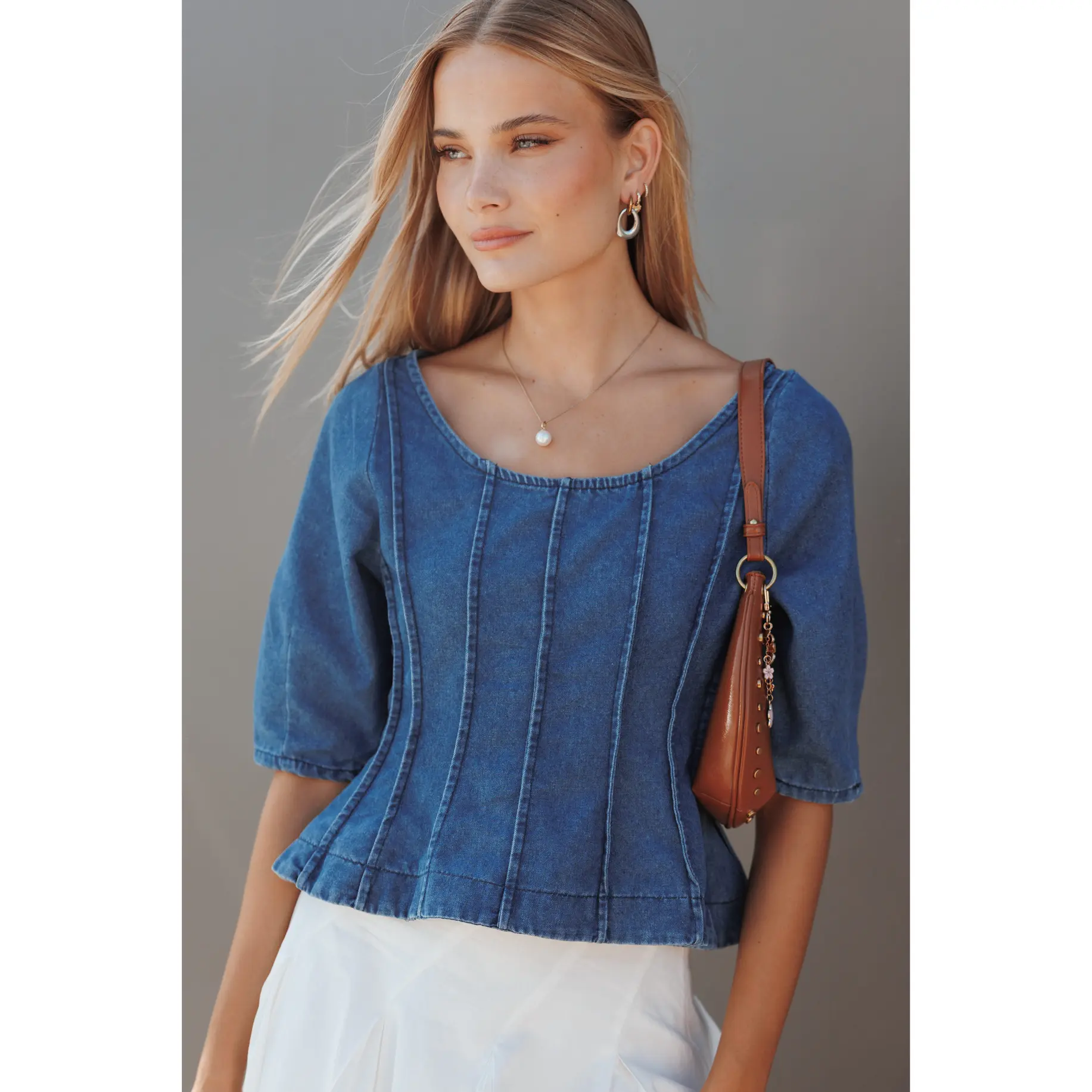 Saylor Denim Peplum Top - Blue Medium Wash