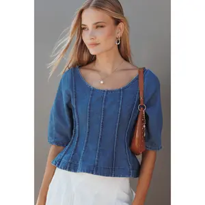 Saylor Denim Peplum Top - Blue Medium Wash
