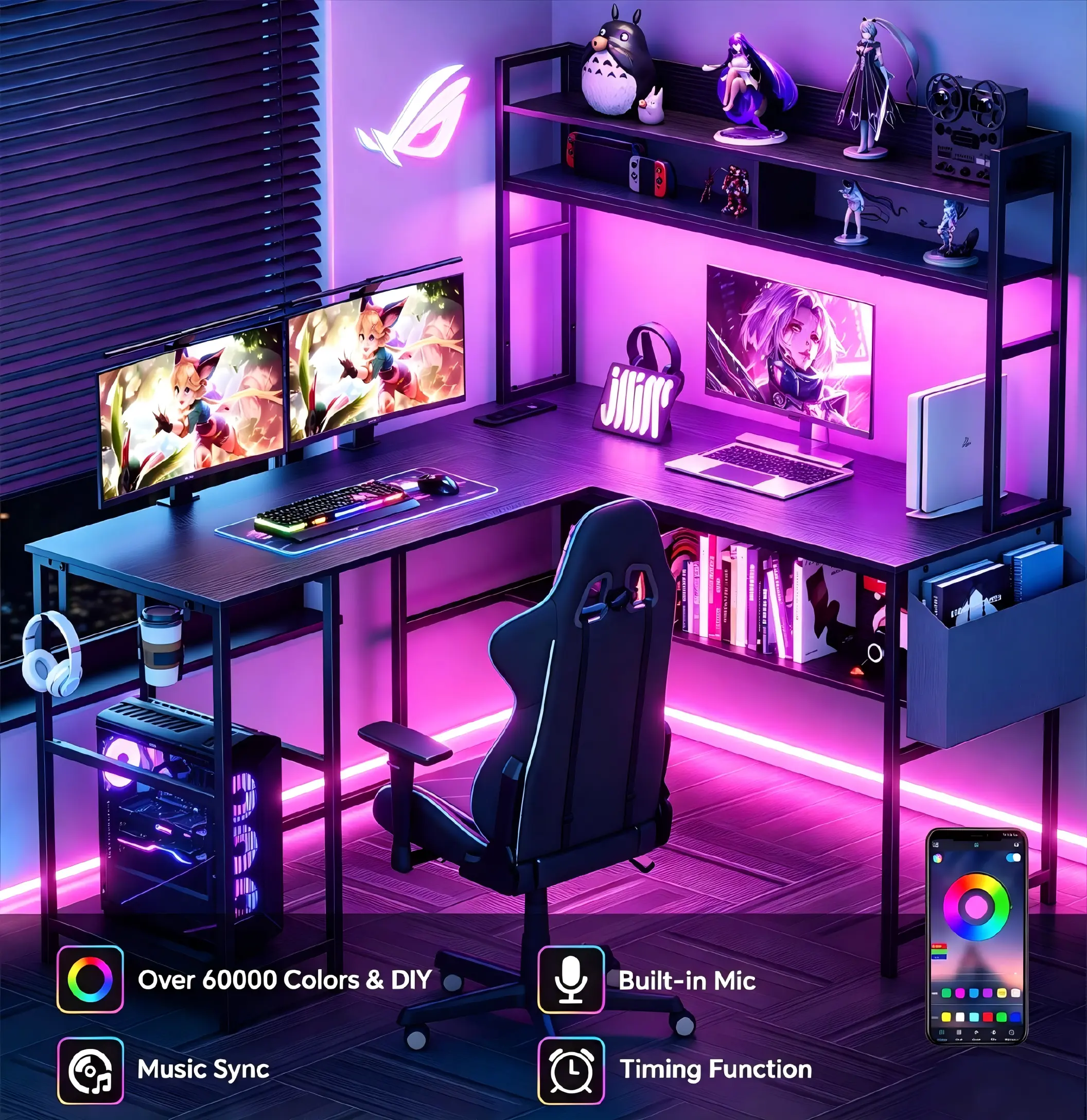 Mr IRONSTONE L Shaped Gaming Desk with LED Lights & Power Outlets Computer Desk with Office Desk with Storage Shelf, Headphone Hook,Cup Holder