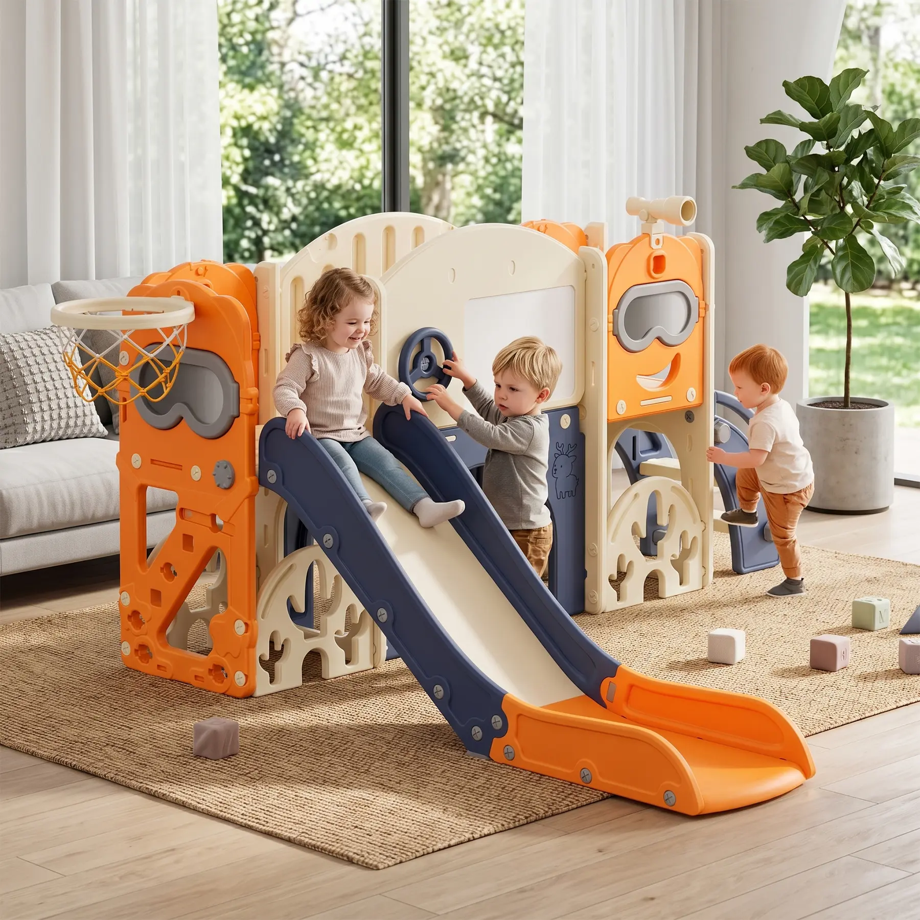 SuperDeal 10 in 1 Multi-Functional Toddler Slide Set, Freestanding Slides with Climber, Basketball Hoop, Telescope, Tunnel, Golf Set, Ideal for Toddlers Baby 1-3 Years Old Indoor Outdoor Fun and Creativity‌