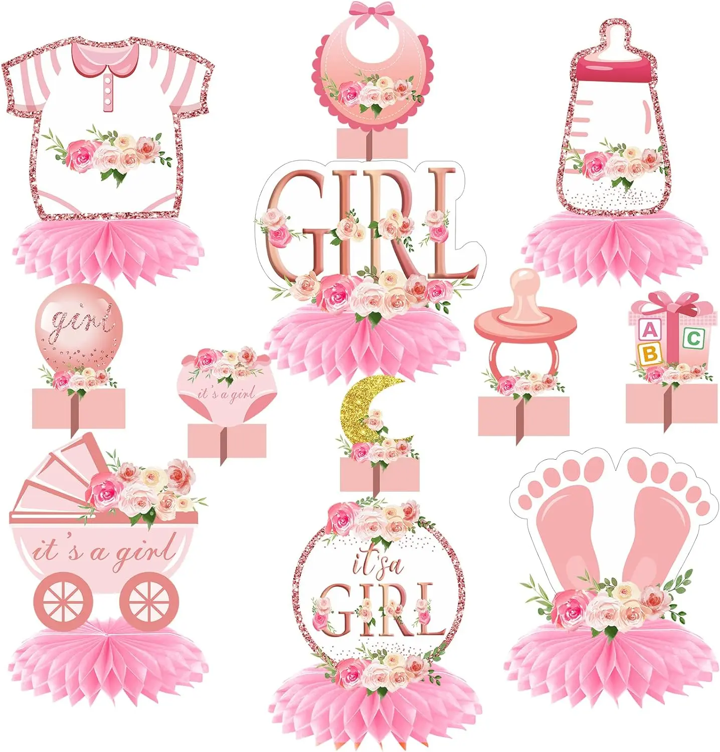 12Pcs Pink Rose Gold Baby Shower Decorations Honeycomb Centerpieces for Girls, Floral It's a Girl Gender Reveal Table Centerpiece Party Supplies