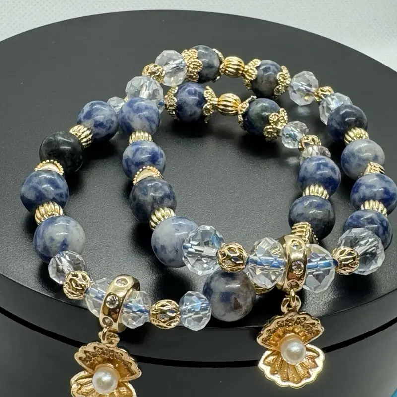 Natural Sodalite Crystal Bracelet with Gold Accents and glass bead Charms Elegant Design