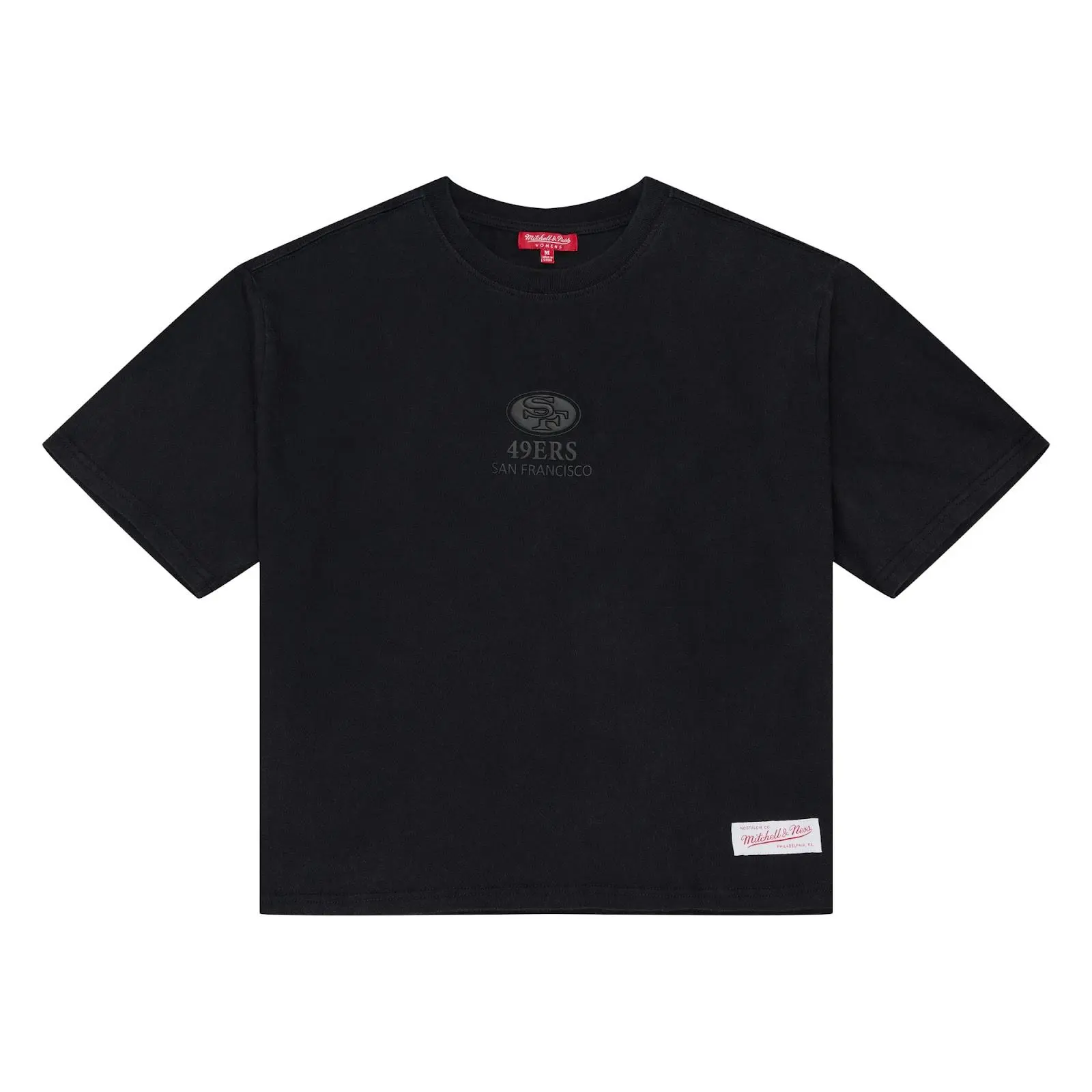 Women's San Francisco 49ers Black Core Essentials Cropped Boxy T-Shirt NFL Throwback Tee Graphic Vintage Fan Gear Mitchell & Ness
