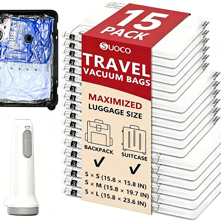 15-Pack PA+PE Vacuum Sealed Sealing Storage Bags with USB Rechargeable Compact & Ergonomic Pump, Semi-Transparent Space Saving Bags, 80% Space-Saving, 140L/min Airflow, Content-Visible for Travel Luggage & Clothing