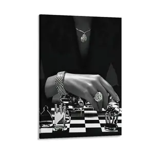 Woman Playing Chess Poster, Vintage Black And White Wall Art, High Fashion Canvas Print, Feminist Luxury Wall Art, Hypebeast Poster for Teen Girl Bedroom Decor. Canvas Poster Decor Gift Frames Ornaments Artistic Decoration Photo Stars Frame-.