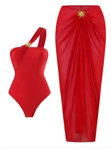 Women's Solid Color One-Piece Swimsuit with Skirt Two-Piece Set, Stylish Swimwear for Beach & Pool, Comfortable and Elegant Design, Bathing Suit Cover, Swim Cover Ups
