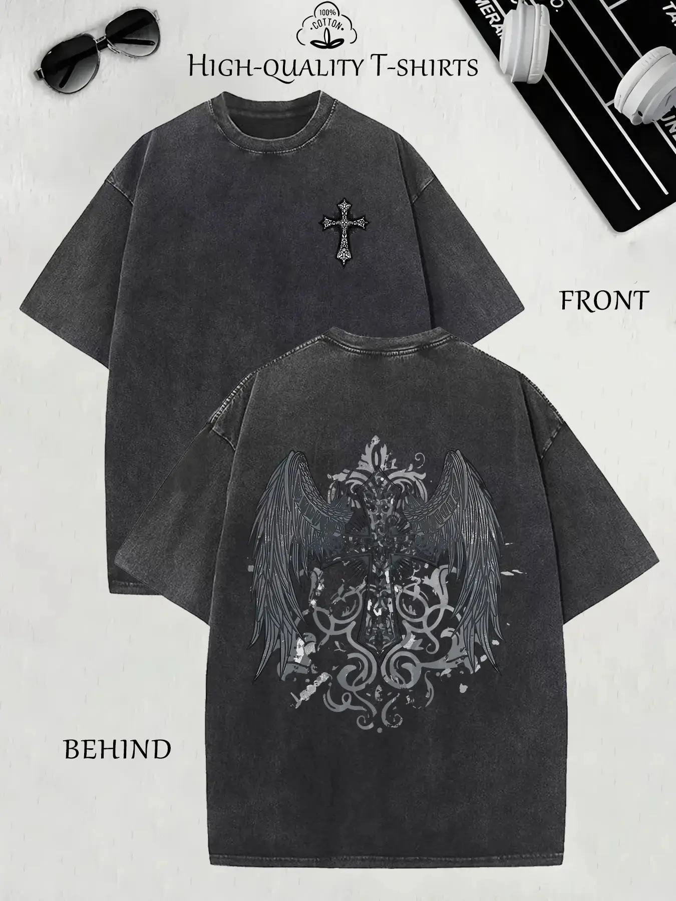 Men's Heavyweight Oversized Vintage Washed Short-Sleeve Round Neck Tshirt - Gothic Angel & Cross Back Graphic Print, Retro Streetwear Casual Top with Relaxed Fit, Cold Machine Wash Menswear, Shortsleeve